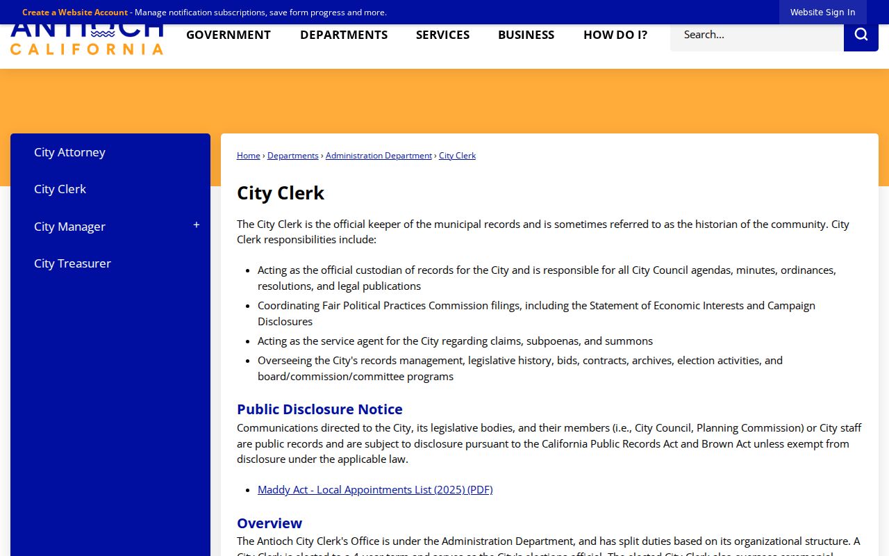 Antioch City Clerk public criminal record request routing
