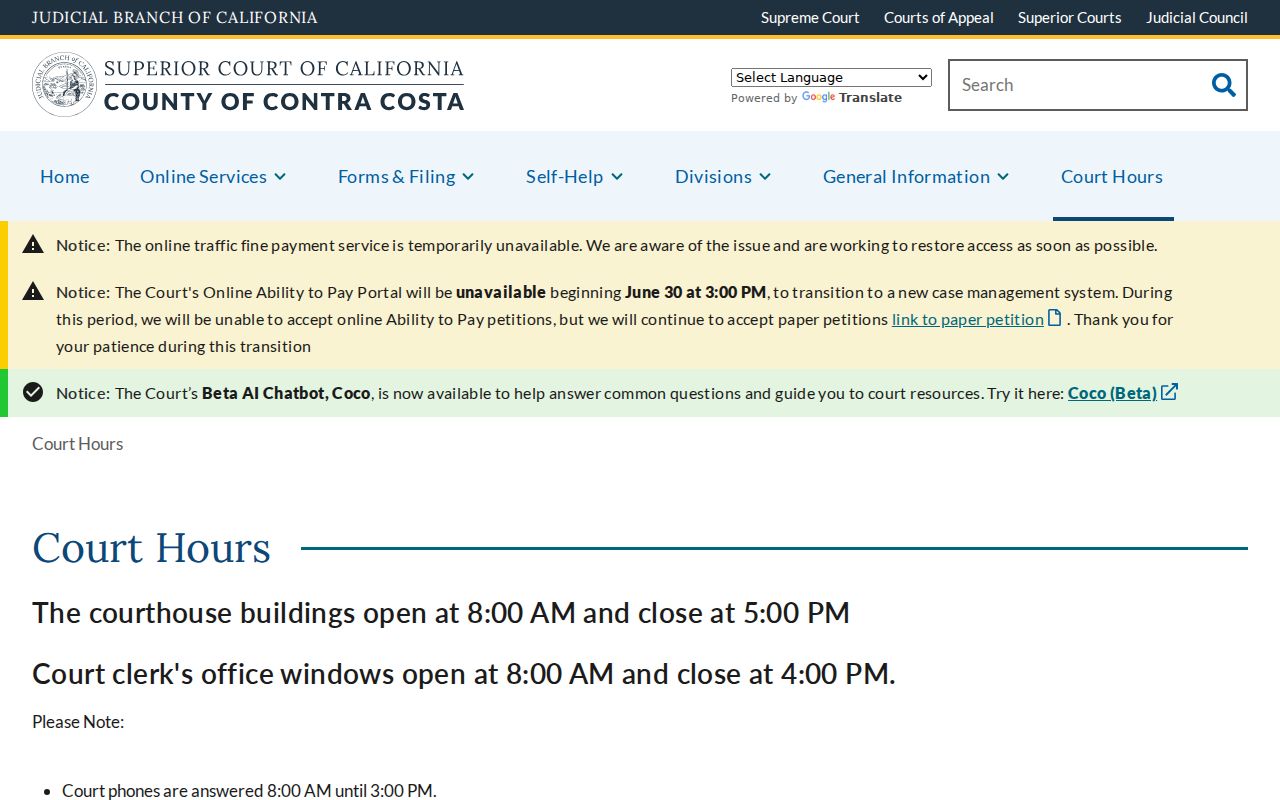 Contra Costa Superior Court hours page