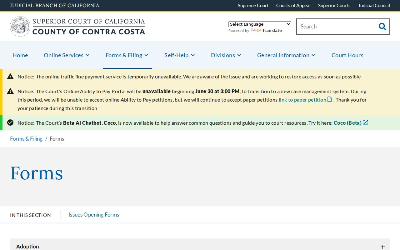 Contra Costa County criminal court case forms page
