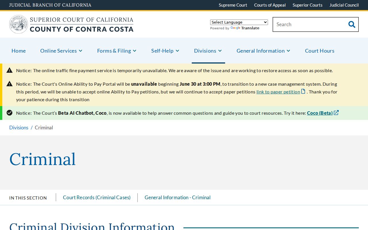 Contra Costa County criminal court case Criminal Division page