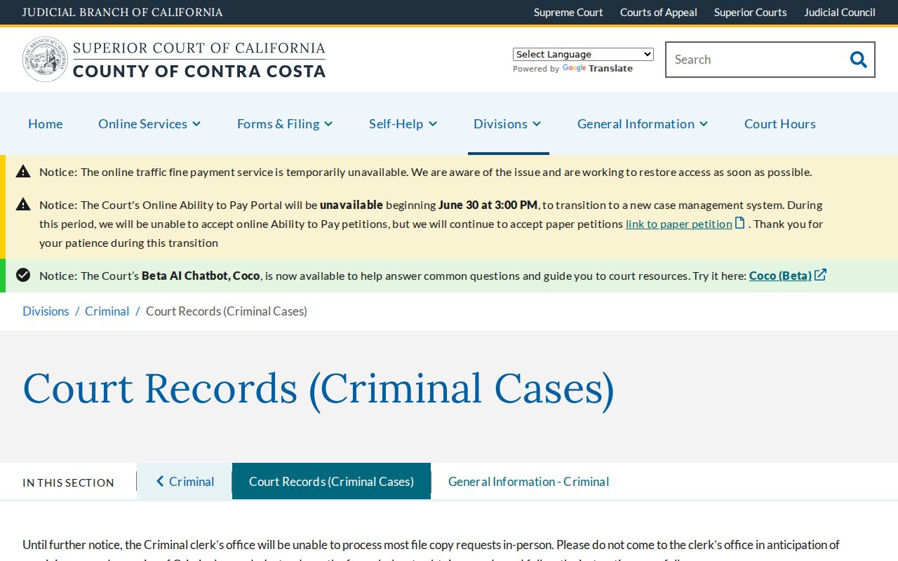 Contra Costa County criminal court records access page