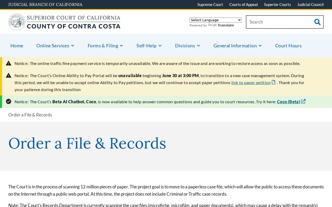Contra Costa County court case record order and scanning page